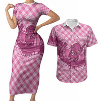 Alaka Hawaii Cowboy Palaka Motifs Personalised Couples Matching Short Sleeve Bodycon Dress and Hawaiian Shirt Paniolo Festival Puakenikeni Lei LT14 Pink - Polynesian Pride