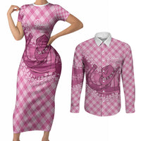 Alaka Hawaii Cowboy Palaka Motifs Personalised Couples Matching Short Sleeve Bodycon Dress and Long Sleeve Button Shirt Paniolo Festival Puakenikeni Lei LT14 Pink - Polynesian Pride