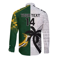 Custom South Africa And Fiji Rugby Long Sleeve Button Shirt 2023 World Cup Fijian Tapa With Kente Pattern LT14 - Polynesian Pride
