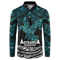 New Zealand Sulphur-crested Cockatoo Button Sweatshirt Aotearoa Maori Mix Paua Shell LT14 Turquoise - Polynesian Pride