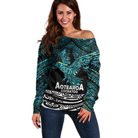 New Zealand Sulphur-crested Cockatoo Off Shoulder Sweater Aotearoa Maori Mix Paua Shell