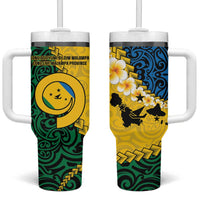 Malampa Province Tumbler With Handle Vanuatu Pattern Map With Plumeria Flag Color LT14 One Size: 40 oz Yellow - Polynesian Pride
