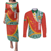 Penama Province Couples Matching Puletasi and Long Sleeve Button Shirt Vanuatu Map - Plumeria Flag Color LT14 Red - Polynesian Pride