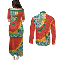 Penama Province Couples Matching Puletasi and Long Sleeve Button Shirt Vanuatu Map - Plumeria Flag Color LT14 - Polynesian Pride
