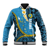 Sanma Province Baseball Jacket Vanuatu Pattern Myna Bird - Plumeria Flag Color LT14 Unisex Blue - Polynesian Pride