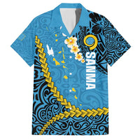Sanma Province Family Matching Off Shoulder Short Dress and Hawaiian Shirt Vanuatu Pattern Myna Bird - Plumeria Flag Color LT14 Dad's Shirt - Short Sleeve Blue - Polynesian Pride