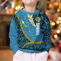 Sanma Province Kid Ugly Christmas Sweater Vanuatu Pattern Myna Bird - Plumeria Flag Color