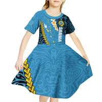 Sanma Province Kid Short Sleeve Dress Vanuatu Pattern Myna Bird - Plumeria Flag Color