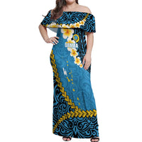 Sanma Province Off Shoulder Maxi Dress Vanuatu Pattern Myna Bird - Plumeria Flag Color LT14 Women Blue - Polynesian Pride