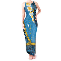 Sanma Province Tank Maxi Dress Vanuatu Pattern Myna Bird - Plumeria Flag Color LT14 Women Blue - Polynesian Pride