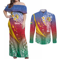 Shefa Province Couples Matching Off Shoulder Maxi Dress and Long Sleeve Button Shirt Vanuatu Pattern Map - Plumeria Flag Color LT14 Red - Polynesian Pride