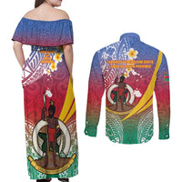 Shefa Province Couples Matching Off Shoulder Maxi Dress and Long Sleeve Button Shirt Vanuatu Pattern Map - Plumeria Flag Color LT14 - Polynesian Pride