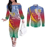 Shefa Province Couples Matching Off The Shoulder Long Sleeve Dress and Long Sleeve Button Shirt Vanuatu Pattern Map - Plumeria Flag Color LT14 Red - Polynesian Pride