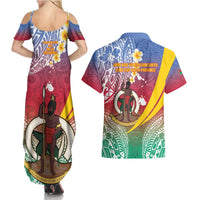 Shefa Province Couples Matching Summer Maxi Dress and Hawaiian Shirt Vanuatu Pattern Map - Plumeria Flag Color LT14 - Polynesian Pride