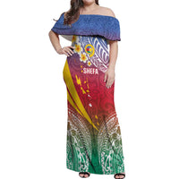 Shefa Province Off Shoulder Maxi Dress Vanuatu Pattern Map - Plumeria Flag Color LT14 Women Red - Polynesian Pride