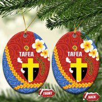 Tafea Province Ceramic Ornament Vanuatu Pattern Map - Plumeria Flag Color LT14 Oval Red - Polynesian Pride