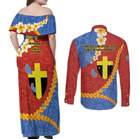 Tafea Province Couples Matching Off Shoulder Maxi Dress and Long Sleeve Button Shirt Vanuatu Pattern Map - Plumeria Flag Color LT14 - Polynesian Pride