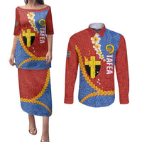 Tafea Province Couples Matching Puletasi and Long Sleeve Button Shirt Vanuatu Pattern Map - Plumeria Flag Color LT14 Red - Polynesian Pride