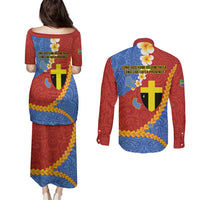 Tafea Province Couples Matching Puletasi and Long Sleeve Button Shirt Vanuatu Pattern Map - Plumeria Flag Color LT14 - Polynesian Pride