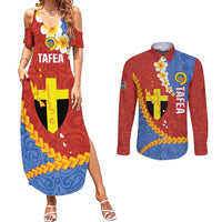 Tafea Province Couples Matching Summer Maxi Dress and Long Sleeve Button Shirt Vanuatu Pattern Map - Plumeria Flag Color LT14 Red - Polynesian Pride