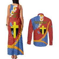 Tafea Province Couples Matching Tank Maxi Dress and Long Sleeve Button Shirt Vanuatu Pattern Map - Plumeria Flag Color LT14 - Polynesian Pride