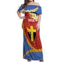 Tafea Province Off Shoulder Maxi Dress Vanuatu Pattern Map - Plumeria Flag Color LT14 Women Red - Polynesian Pride