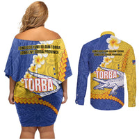 Torba Province Couples Matching Off Shoulder Short Dress and Long Sleeve Button Shirt Vanuatu Pattern Crocodile - Plumeria Flag Color LT14 - Polynesian Pride