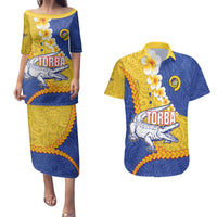 Torba Province Couples Matching Puletasi and Hawaiian Shirt Vanuatu Pattern Crocodile - Plumeria Flag Color LT14 Yellow - Polynesian Pride