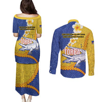 Torba Province Couples Matching Puletasi and Long Sleeve Button Shirt Vanuatu Pattern Crocodile - Plumeria Flag Color LT14 - Polynesian Pride