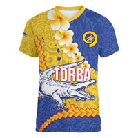 Torba Province Women V-Neck T-Shirt Vanuatu Pattern Crocodile - Plumeria Flag Color LT14 Female Yellow - Polynesian Pride