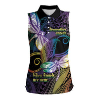 Personalized Polynesian Memorial Women Sleeveless Polo Shirt Dragonflies Appear When Angels Are Near