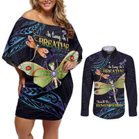 As Long As I Breathe You'll Be Remembered Couples Matching Off Shoulder Short Dress and Long Sleeve Button Shirt Dragonflies Memorial - Polynesian Pattern LT14 Black - Polynesian Pride