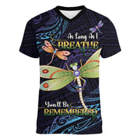 As Long As I Breathe You'll Be Remembered Women V-Neck T-Shirt Dragonflies Memorial - Polynesian Pattern LT14 Female Black - Polynesian Pride