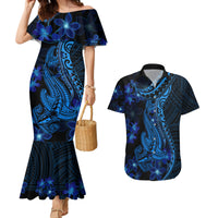 Blue Polynesia Shark Tattoo Couples Matching Mermaid Dress and Hawaiian Shirt With Polynesian Plumeria LT14 Blue - Polynesian Pride