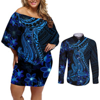 Blue Polynesia Shark Tattoo Couples Matching Off Shoulder Short Dress and Long Sleeve Button Shirt With Polynesian Plumeria LT14 Blue - Polynesian Pride