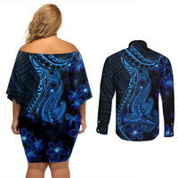 Blue Polynesia Shark Tattoo Couples Matching Off Shoulder Short Dress and Long Sleeve Button Shirt With Polynesian Plumeria LT14 - Polynesian Pride