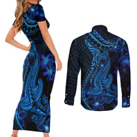 Blue Polynesia Shark Tattoo Couples Matching Short Sleeve Bodycon Dress and Long Sleeve Button Shirt With Polynesian Plumeria LT14 - Polynesian Pride