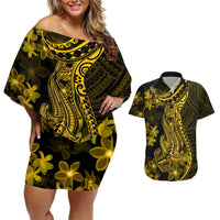 Gold Polynesia Shark Tattoo Couples Matching Off Shoulder Short Dress and Hawaiian Shirt With Polynesian Plumeria LT14 Gold - Polynesian Pride