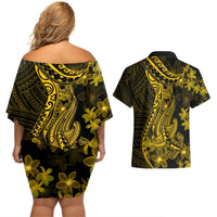 Gold Polynesia Shark Tattoo Couples Matching Off Shoulder Short Dress and Hawaiian Shirt With Polynesian Plumeria LT14 - Polynesian Pride