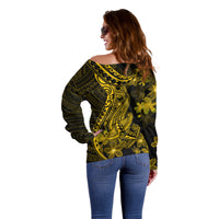 Gold Polynesia Shark Tattoo Off Shoulder Sweater With Polynesian Plumeria LT14 - Polynesian Pride