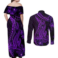 Purple Polynesia Shark Tattoo Couples Matching Off Shoulder Maxi Dress and Long Sleeve Button Shirt With Polynesian Plumeria LT14 - Polynesian Pride