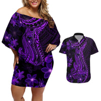 Purple Polynesia Shark Tattoo Couples Matching Off Shoulder Short Dress and Hawaiian Shirt With Polynesian Plumeria LT14 Purple - Polynesian Pride