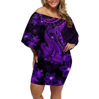 Purple Polynesia Shark Tattoo Off Shoulder Short Dress With Polynesian Plumeria LT14 Women Purple - Polynesian Pride