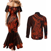 Red Polynesia Couples Matching Mermaid Dress and Long Sleeve Button Shirt Shark Tattoo With Polynesian Plumeria LT14 - Polynesian Pride