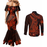 Red Polynesia Couples Matching Mermaid Dress and Long Sleeve Button Shirt Shark Tattoo With Polynesian Plumeria LT14 - Polynesian Pride