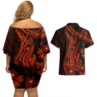 Red Polynesia Couples Matching Off Shoulder Short Dress and Hawaiian Shirt Shark Tattoo With Polynesian Plumeria LT14 - Polynesian Pride