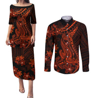 Red Polynesia Couples Matching Puletasi Dress and Long Sleeve Button Shirt Shark Tattoo With Polynesian Plumeria LT14 Red - Polynesian Pride