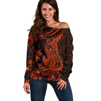 Red Polynesia Off Shoulder Sweater Shark Tattoo With Polynesian Plumeria LT14 Women Red - Polynesian Pride