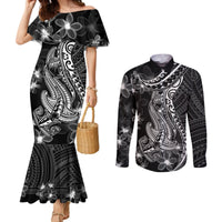 Black Polynesia Couples Matching Mermaid Dress and Long Sleeve Button Shirt Shark Tattoo With Polynesian Plumeria LT14 Black - Polynesian Pride