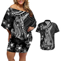 Black Polynesia Couples Matching Off Shoulder Short Dress and Hawaiian Shirt Shark Tattoo With Polynesian Plumeria LT14 Black - Polynesian Pride